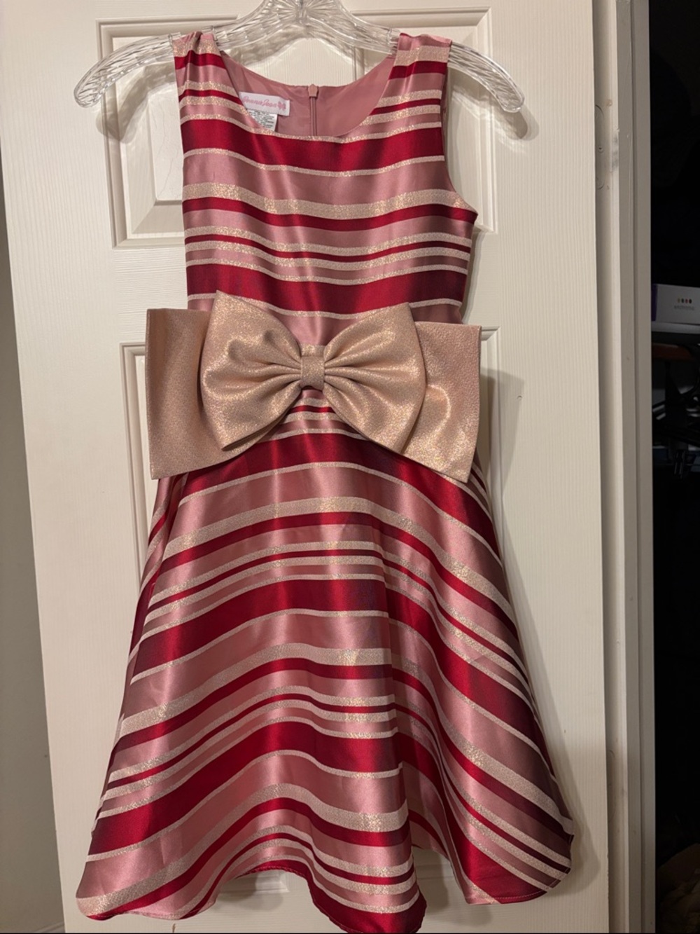 Bonnie Jean Red and Light Pink Striped Formal Dress with Gold Bow